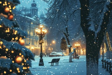 Poster - A winter night scene with a bench covered in snow and a decorated Christmas tree nearby. Perfect for holiday-themed designs and winter landscapes