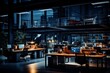 Modern Office Space After Hours with Illuminated Workstations