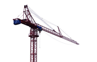 Tall building crane with long yellow arrow on transparent background. The machine is working outdoors. (Emphasis on specific points