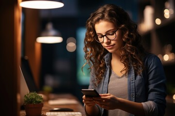 Mujer de negocios en la oficina. Mujer ejecutiva vestida con ropa de negocios de pie fuera de la sala de reuniones moderna y la comprobación de los datos en el teléfono movil.