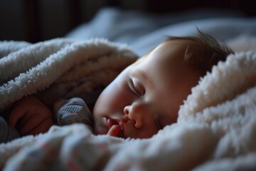 Aufkleber - A peaceful image of a sleeping baby under a cozy blanket on a bed. Perfect for showcasing the serenity of a baby's sleep.