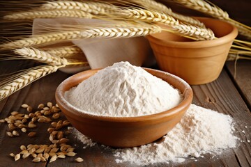 Wall Mural - Flour in wooden bowl with wheat ears on table