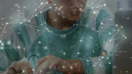 Poster - animation of network of connected circles over focused caucasian boy using laptop