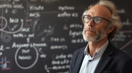 Portrait of a University professor with blackboard on the background. 