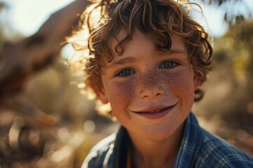 Aufkleber - A close-up photograph capturing the adorable face of a child with freckles. This image is perfect for showcasing the unique features and innocence of childhood.