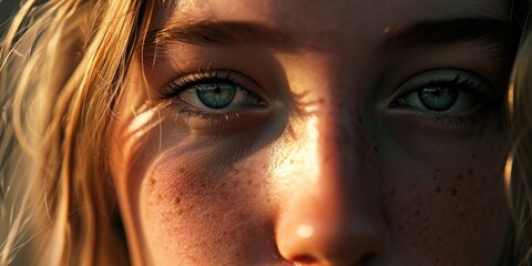 Poster - A close up image of a woman with freckles on her face. This versatile picture can be used for various purposes