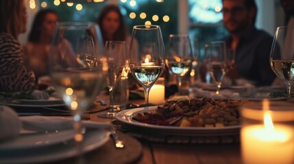 Poster - A group of people sitting at a dinner table. Suitable for various dining-related themes and concepts