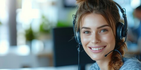 Poster - A professional woman wearing a headset in a call center. Perfect for customer service or telemarketing concepts