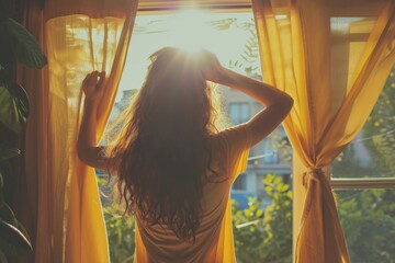 Poster - A woman looking out a window at the sun. Suitable for various lifestyle and nature-themed projects