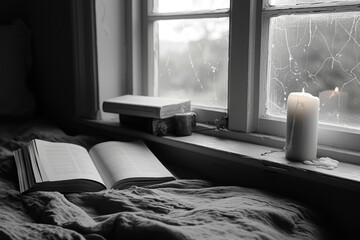 Poster - An open book placed on top of a bed near a window. Suitable for educational or cozy home interior concepts