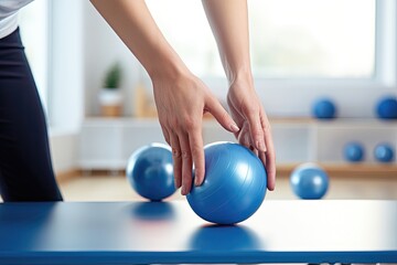 Close-up of a therapist's hands selecting a blue exercise ball from a rack.