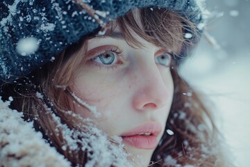 Poster - A woman with striking blue eyes stands covered in a beautiful snowfall. Perfect for winter-themed projects or advertisements