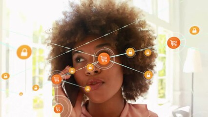 Poster - Animation of network of connected icons in circles over african american woman using smartphone