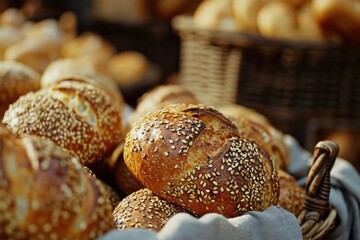 Poster - A basket filled with a variety of different types of bread. Perfect for a bakery or food-related project