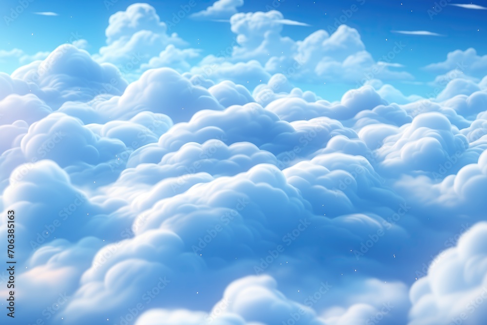 Anime style background with blue sky and smooth fluffy clouds. Cartoon ...