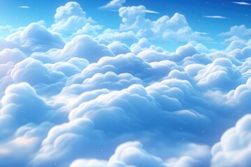 Anime style background with blue sky and smooth fluffy clouds. Cartoon heaven for background