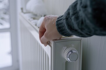 Poster - A person's hand resting on a radiator in front of a window. This image can be used to depict warmth, comfort, and relaxation