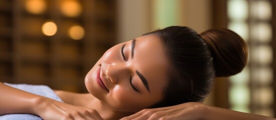 Canvas Print - Happy Asian woman receiving relaxing back massage from masseuse in spa.