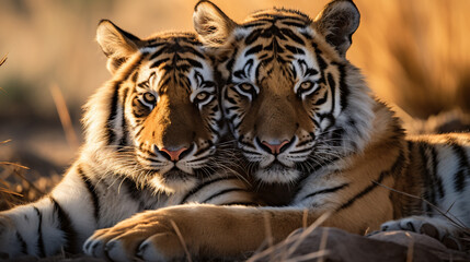 Wall Mural - Two Tigers show snuggle in Love, AI Generative.