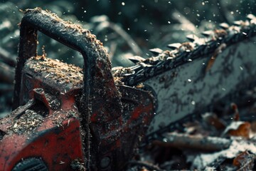 Poster - A chainsaw sitting on top of a pile of leaves. Can be used for landscaping or yard work projects