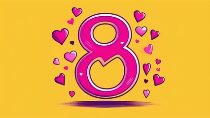 Aufkleber - the number eight is pink with hearts on a yellow background with a place to insert text. the concept of a greeting card for March 8th