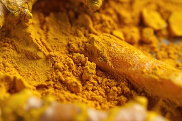 Poster - A detailed view of a pile of turmeric powder. Can be used for culinary, health, or beauty-related projects