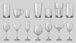 Empty realistic glass for coffee, cocktail or water. Vector isolated set of cups for alcohol and tea. Glassware for wine and martini, whiskey and vodka shot. Transparent background serving mugs