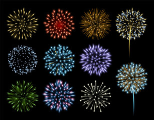 Aufkleber - Fireworks and pyrotechnics at night sky, glowing and bursting colorful light. Vector isolated composition of sparkles and glitters, bright performance for holiday, festival or party celebration