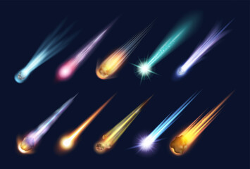 Poster - Flying fireball or meteor with fire neon light trail. Vector isolated realistic comet with tail of flame, astronomic cosmic celestial body moving fast. Falling asteroid effect at sky, burning rock
