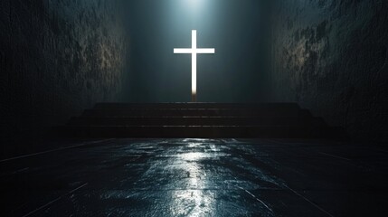 Poster - A cross in the middle of a dark room. Suitable for religious themes and spiritual concepts