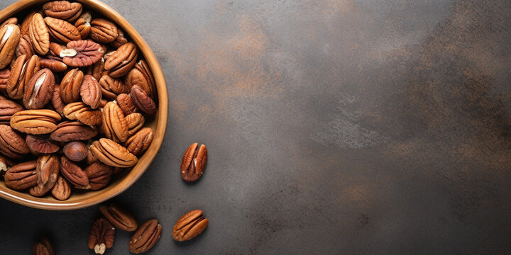 coffee beans on wooden background, Heap of pecan nuts in wooden bowl on rustic black, Pecan nut on black stone background assortment of pecans, generative AI