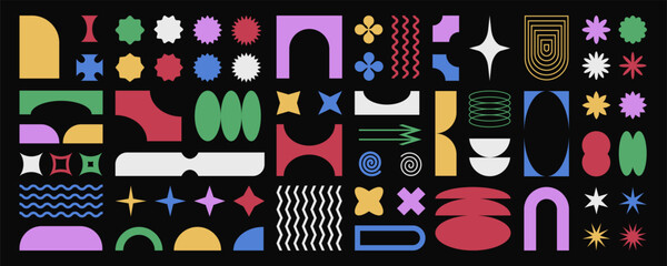 Poster - Abstract retro shapes, basic brutal forms and figures in Y2K aesthetics, vintage stickers, logos, labels. Decorative design elements, vector illustration.