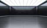 Fototapeta Do przedpokoju - Modern empty open space with lights on top. Showroom hall and black wall.  3D rendering