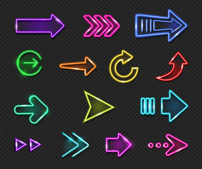 Poster - Neon arrows with glowing effect showing right and up. Vector isolated shiny pointers and circles, illuminating indicators for casinos or nightclubs, bar or motels, bright pointing element design