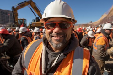 smiling construction worker in an orange vest with reflective stripes and a white helmet on a construction site against the background of construction equipment and a clear sky