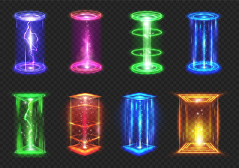 Poster - Square and round holographic gate glowing. Vector isolated futuristic game neon portals for traveling and teleporting. Platforms with sparkles and illumination effect, cyber space and VR
