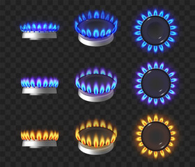 Aufkleber - Gas burner with flames, cooktop hob. Glowing fire ring on kitchen stove burning propane butane in oven for cooking. Vector isolated appliance with fire for preparing food, transparent background