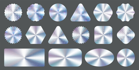 Poster - Futuristic geometric holographic sticker with copy space. Vector isolated hologram tag or label with gradient or metallic effect. Official product guarantee, premium quality assurance icons