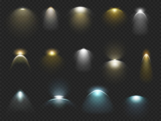 Realistic wall lamp light effect with rays and bulbs. Vector isolated illumination shining and glowing for interior or products showcase. Spotlight for stage or shop, scene with sconces