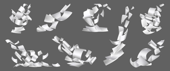 Aufkleber - Sheets of paper falling down, blown away by wind. Vector isolated a4 documents with copy space scattered in air. Pile of blank notes with curved corners or office paperwork flying chaotically