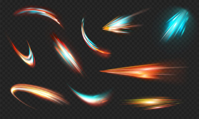 Poster - High speed motion blurry trails. Vector isolated effects of movement, futuristic flash perspective. Light on roads or street at night. Neon glowing and shining on transparent background