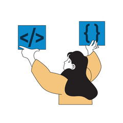 Fototapete - Programming concept with cartoon people in flat design for web. Woman creating app code, scripts and algorithms, testing programs. Vector illustration for social media banner, marketing material.