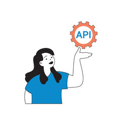 Fototapete - Programming concept with cartoon people in flat design for web. Woman working with API, creates interface layouts, makes optimization. Vector illustration for social media banner, marketing material.