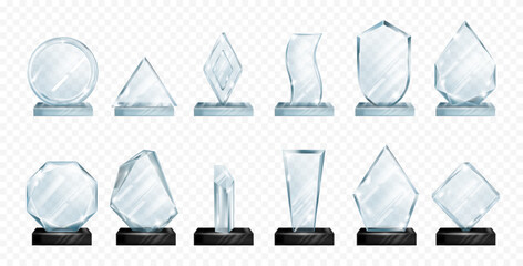 Fototapete - Clear glossy glass trophy for winner of competition or contest. Vector isolated realistic crystal badges on pedestal with shiny effect. Championship and success, reward for work, plexiglass award