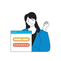 Aufkleber - Programming concept with cartoon people in flat design for web. Woman coding and engineering apps, using safety login access to system. Vector illustration for social media banner, marketing material.