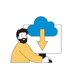 Poster - Cloud computing concept with cartoon people in flat design for web. Man downloading data from online storage server to computer. Vector illustration for social media banner, marketing material.