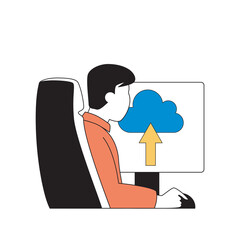 Aufkleber - Cloud computing concept with cartoon people in flat design for web. Man uploading data to online storage platform from computer. Vector illustration for social media banner, marketing material.