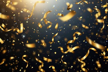 Poster - A bunch of gold confetti on a black background. Perfect for celebrations and festive occasions