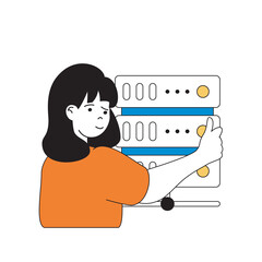 Poster - Cloud computing concept with cartoon people in flat design for web. Woman working as tech engineer at database center server racks. Vector illustration for social media banner, marketing material.