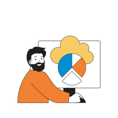 Poster - Cloud computing concept with cartoon people in flat design for web. Man using cloud processing for data chart analysis at computer. Vector illustration for social media banner, marketing material.